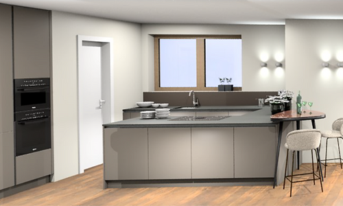 Moderne offene Küche mit schwarzer Treppe, Kücheninsel und großflächigen Fenstern mit Blick auf Außenbereich